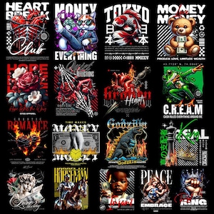 May include: A collection of black t-shirts with various graphic designs. Designs include a cat in a suit, a teddy bear with money, a koi fish, a Godzilla monster, and text such as "Money", "Heart Break Club", and "C.R.E.A.M."