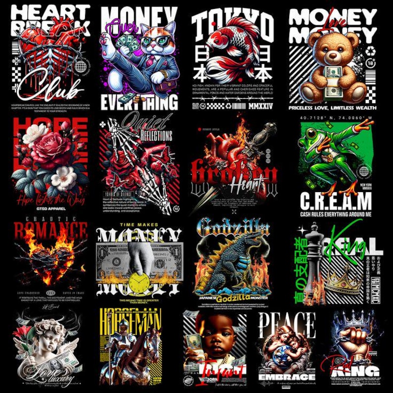 May include: A collection of black t-shirts with various graphic designs. Designs include a cat in a suit, a teddy bear with money, a koi fish, a Godzilla monster, and text such as "Money", "Heart Break Club", and "C.R.E.A.M."