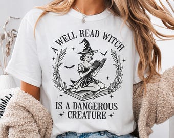 Well Read Witch Shirt, Halloween Book Lover Graphic Tee, Cozy Fall Reader Women's Apparel