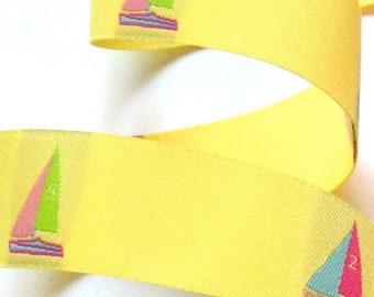 Woven Ribbon -1" Yellow, Pink, Blue, Purple, Lime Sailboat Ribbon