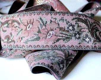 Vintage 50s Tapestry Gray Pink Ribbon Trim 5 Yards 1.5 Wide