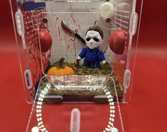 Halloween Michael Meyers jumping spider enclosure/ handpainted acrylic terrarium 4x4x4