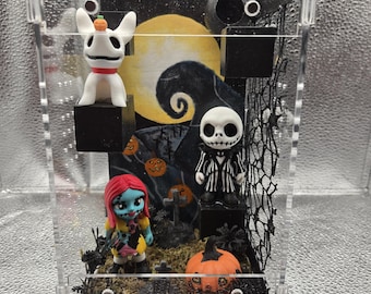 The Nightmare Before Christmas jumping spider enclosure handpainted and lighted acrylic terrarium measuring 8x4x4 inches.