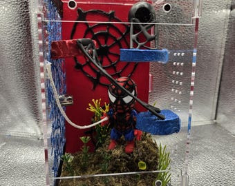 Recinto para arañas saltarinas de Spiderman / Terrario acrílico pintado a mano e iluminado de 8x4x4