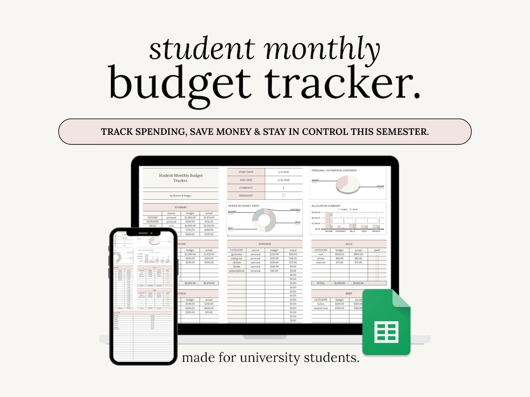 Student Monthly Budget Tracker: Google Sheets Expense Planner (digital ...