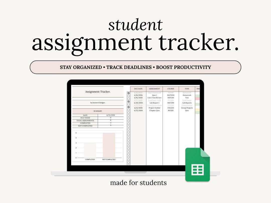 Student Assignment Tracker Google Sheets | College Planner Template ...