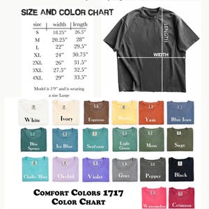 May include: A Comfort Colors 1717 garment-dyed heavyweight t-shirt color chart. The chart displays various t-shirt colors, including white, ivory, espresso, and black. Size chart shows width and length measurements in inches. The text "COMFORT COLORS 1717" is at the top and bottom.