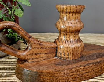 Rustic Wooden Hand-Turned Chamberstick Candlestick Holder