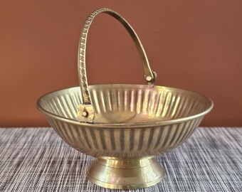Vintage Brass Basket  Pedestal Dish Trinket Tray with Folding Handle