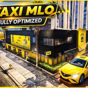 Puede incluir: Un taxi amarillo estacionado frente a un edificio con el texto "TAXI MLO" y "FULLY OPTIMIZED". El edificio tiene una fachada negra con detalles amarillos y un letrero que dice "TAXI". Una bandera estadounidense ondea al fondo.