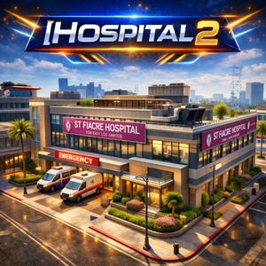 Puede incluir: Representación digital de un edificio de hospital moderno con el texto "HOSPITAL 2" en la parte superior. El edificio tiene un letrero que dice "ST FIACRE HOSPITAL" y "EMERGENCIA" encima de la entrada. Dos ambulancias están estacionadas enfrente.