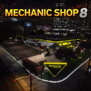 May include: A nighttime image of a mechanic shop with the text "MECHANIC SHOP 8" in gold. The shop has a modern design with a parking lot, and a sign that reads "Mekonomen Bilverkstad". The background features city buildings and street lights.
