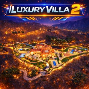 Könnte beinhalten: Eine nächtliche Luftaufnahme eines luxuriösen Villenkomplexes. Das Bild zeigt eine große Villa mit mehreren Pools, umgeben von üppiger Landschaftsgestaltung und beleuchtet von warmer Beleuchtung. Der Text "LUXURY VILLA 2" wird oben angezeigt.