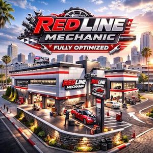 Puede incluir: Una vista exterior de un taller de reparación de automóviles moderno con el nombre "Red Line Mechanic" en letras rojas y blancas. Un coche deportivo rojo está estacionado frente al taller. También se ven las palabras "Fully Optimized".