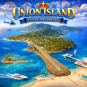 Może przedstawiać: Widok z lotu ptaka na Union Island, z napisem "UNION ISLAND" złotymi literami nad niebieskim banerem z napisem "FULLY OPTIMIZED". Wyspa posiada pas startowy, molo i biały jacht żeglujący po turkusowej wodzie. Helikopter leci na niebie.