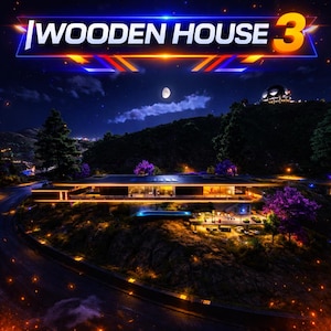 Op de afbeelding: Een digitale nachtillustratie van een modern huis op een heuvel, met de tekst "WOODEN HOUSE 3" in een neon-stijl banner. De scène wordt verlicht door warme lichten, een volle maan en een sterrenhemel.