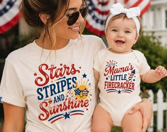 Mama’s Little Firecracker Matching Family Shirt, Stars Stripes Sunshine Mom Shirt, Patriotic Baby Onesie, 4th of July Family Shirts,