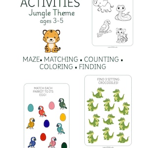 Può includere: Un set di 18 attività stampabili a tema giungla per bambini dai 3 ai 5 anni. L'immagine mostra esempi di attività come labirinti, abbinamenti e colorazioni, con illustrazioni di animali della giungla e una tigre.
