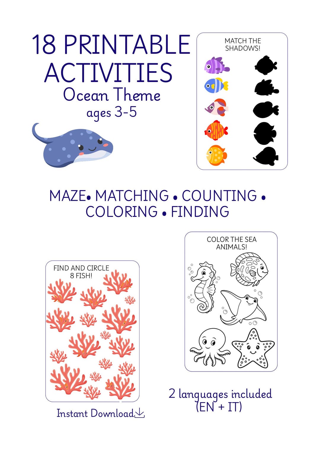 Ocean Activities for Kids 3-5, Printable Busy Book, Preschool