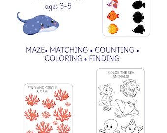 Ocean Activities for Kids 3-5, Printable Busy Book, Preschool Worksheets, Toddler Learning, Montessori Activities PDF, Kids Activity Pack