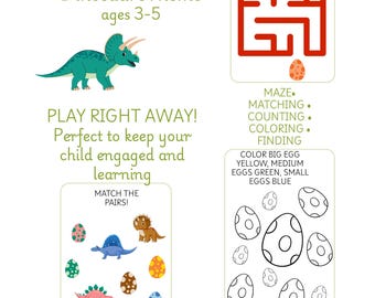 Dinosaur Activities PDF for Kids 3-5 | 18 Printable Worksheets | Montessori Activity Pack | Coloring, Matching, Counting | Instant Download