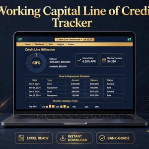 May include: A laptop screen displaying a Working Capital Line of Credit Tracker dashboard. The interface features a Credit Line Utilization chart, a Draw and Repayment Schedule table, and a Monthly Utilization Trend graph with gold text on a dark blue background.