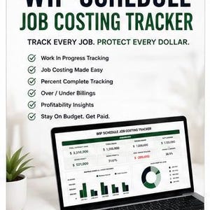 May include: A digital WIP Schedule Job Costing Tracker Excel template by LedgerLabs displayed on a laptop screen. The interface features financial data, bar charts, and a donut chart. Text includes 'Track Every Job. Protect Every Dollar.'