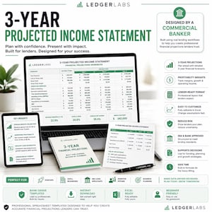 May include: A 3-year projected income statement financial workbook by LedgerLabs displayed on a laptop screen, a tablet, a spiral-bound notebook, and a printed document, accompanied by a black pen and various informational icons and text.