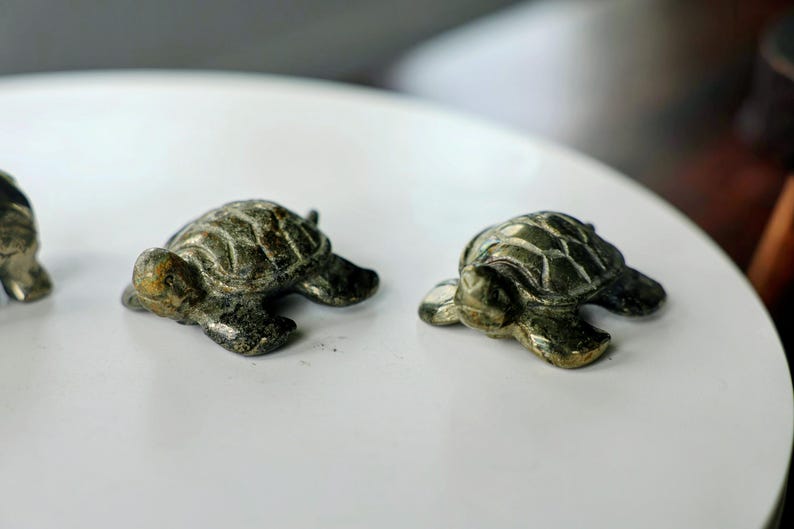 Detailed Shell Template Pyrite Elephant & Turtle Carving | Hand Carved Fool's Gold Animal ...