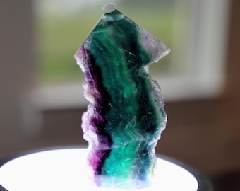 Rainbow Fluorite Tower with Raw Edges, Polished Purple Green Fluorite Point, 5.7 in 1.5 lb Semi Raw Crystal Generator, Genius Stone