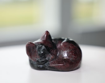 Garnet Sleeping Cat Crystal Carving | Curled Cat Figurine