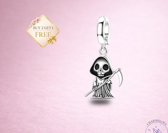 Sterling Silver Skull Charm, Grim Reaper Pendant, 925 Charm Bead, Gothic Luxury Jewelry