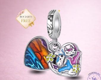 Stitch & Angel Charm, Disney Couple Bead, 925 Sterling Silver Bracelet Pendant, Gift for Her