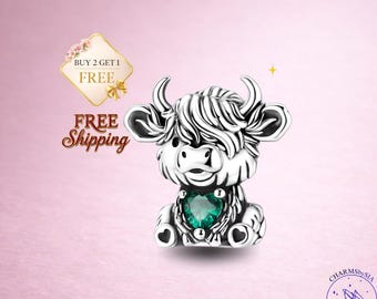 S925 Sterling Silver Highland Cow Charm, Cow Bead, Fits Pandora Bracelet, Scottish Highland Cattle Charm, Gift for Her