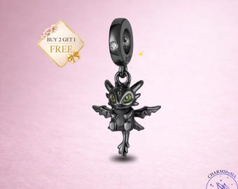 Sterling Silver Toothless Night Fury Charm, How to Train Your Dragon Bracelet Pendant