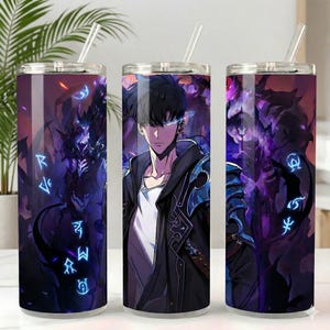 Anime Solo Demon Hunter 20oz Tumbler Wrap PNG, Dark Fantasy Boy Skinny Tumbler Design, Editable Name Sublimation Digital Download