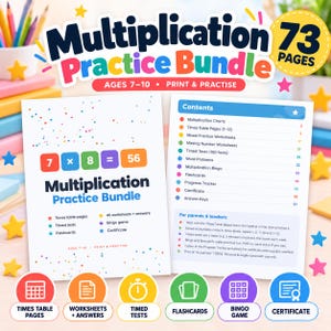 May include: A 73-page multiplication practice bundle for ages 7-10, featuring worksheets, times table pages, timed tests, flashcards, a bingo game, and a certificate. The cover displays the equation 7 x 8 = 56 and a contents list.