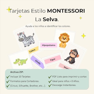Puede incluir: Tarjetas educativas con animales de dibujos animados, como una cebra, un león y un mono. Las tarjetas están etiquetadas en español con las palabras "Cebra", "Hipopotamo", "Girafa" y "Tigre". El texto "Tarjetas Estilo Montessori" está en la parte superior.