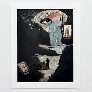 May include: A surrealist art print depicting an eye with a waterfall of tears flowing into a dark landscape. The artwork incorporates tarot cards and a silhouetted figure, set against a starry night sky.