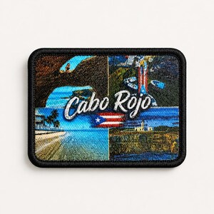 May include: A rectangular patch with a black border featuring four images of Cabo Rojo, Puerto Rico. The patch includes the text "Cabo Rojo" in a cursive font, along with images of beaches, a lighthouse, and the Puerto Rican flag.