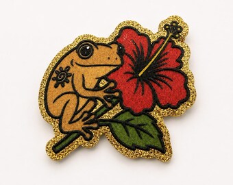 Coqui Frog Hibiscus Glitter Iron-On Patch, Puerto Rico Tropical Heat Press Design