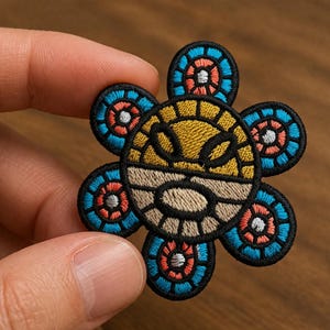 May include: Embroidered patch featuring a stylized sun design with a face. The patch has a yellow center, a tan lower section, and blue, red, and white accents. The patch is held in a hand against a wooden background.