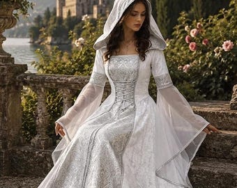 Medieval Renaissance Hooded Dress, Fantasy Vintage Cosplay Witchy Larp Dress, Viking Ren Faire Maxi Gown, Elven Weeding Dress,Halloween Gift