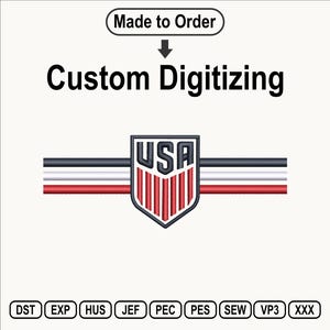 May include: An embroidery design featuring a shield with the text USA in dark blue, above vertical red stripes. Three horizontal lines in black, white, and red extend from the shield. Text reads Made to Order and Custom Digitizing with file formats.
