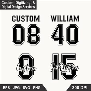 Peut inclure: Un ensemble de designs numériques présentant des chiffres et du texte de style universitaire noir. La rangée supérieure affiche CUSTOM 08 et WILLIAM 40. La rangée inférieure montre le chiffre 0 avec le mot custom en script et le 15 avec Johnson.