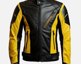 Men's Black Yellow Leather Biker Racing Jacket, Slim Fit Streetwear Motorcycle Coat