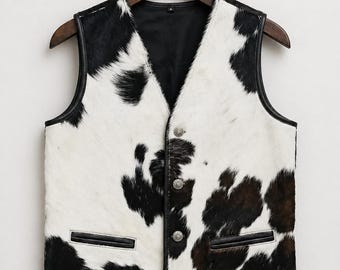 Chaleco de cuero de vaca con pelo blanco y negro para hombre – Chaleco vaquero/motero estilo western