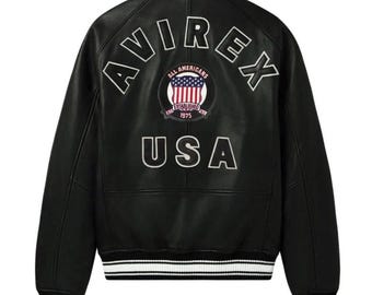 Avirex Black Leather Varsity Bomber Jacket – Retro Streetwear Jacket