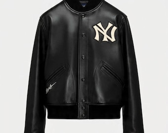 Ralph Lauren NY Leather Varsity Jacket – Black Cropped Streetwear Style bomber