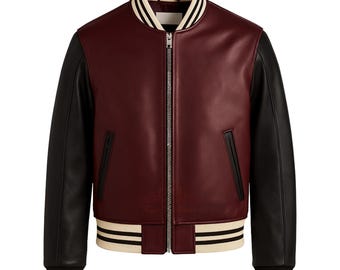 Varsity Bomberjacke: Weinrotes Leder, Schwarze Ärmel, Gestreiftes Bündchen